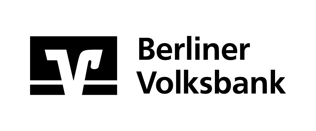 Logo der Berliner Volksbank mit stylisiertem „V“ und schwarzem Schriftzug.