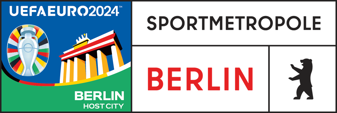 Logo der UEFA Euro 2024: Berlin als Gastgeberstadt mit Brandenburger Tor und Schriftzug "Sportmetropole".